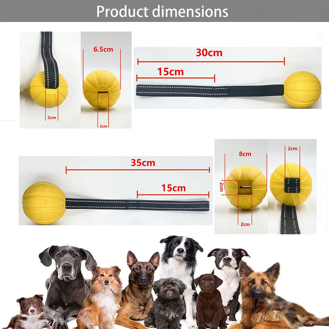 Chew-resistant dog toy designed for tug-of-war and water play, product dimension