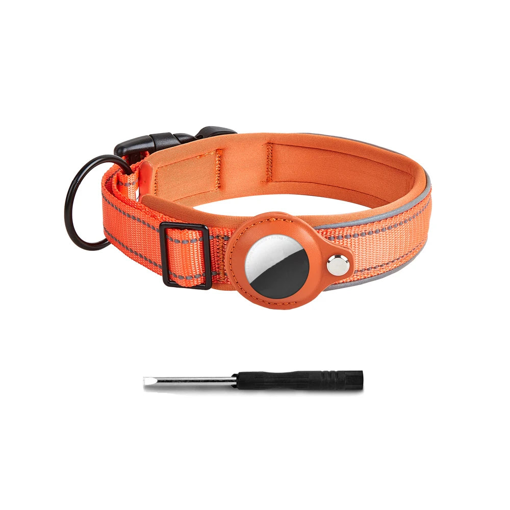 Heavy-duty reflective AirTag dog collar with secure GPS tracker holder Orange Color