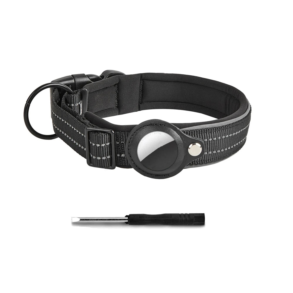 Heavy-duty reflective AirTag dog collar with secure GPS tracker holder Black color