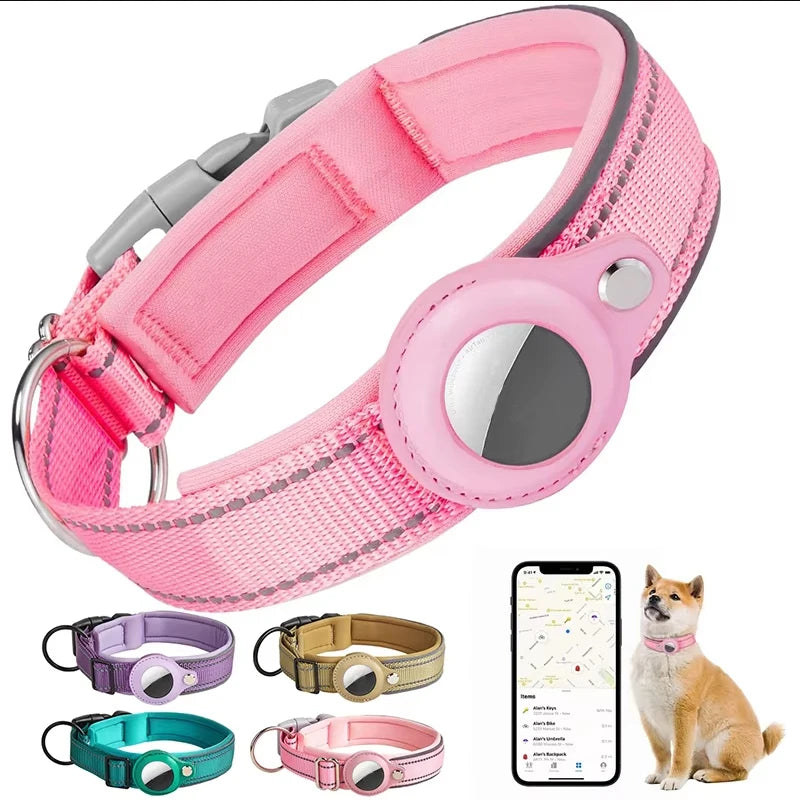 Heavy-duty reflective AirTag dog collar with secure GPS tracker holder-variants