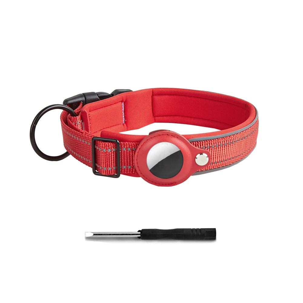 Heavy-duty reflective AirTag dog collar with secure GPS tracker holder red color