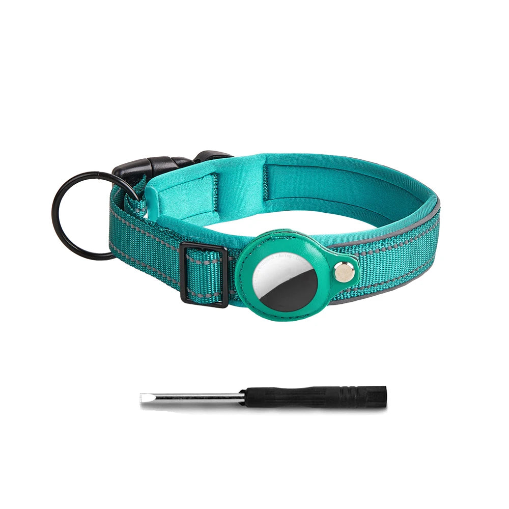 Heavy-duty reflective AirTag dog collar with secure GPS tracker holder Teal Color