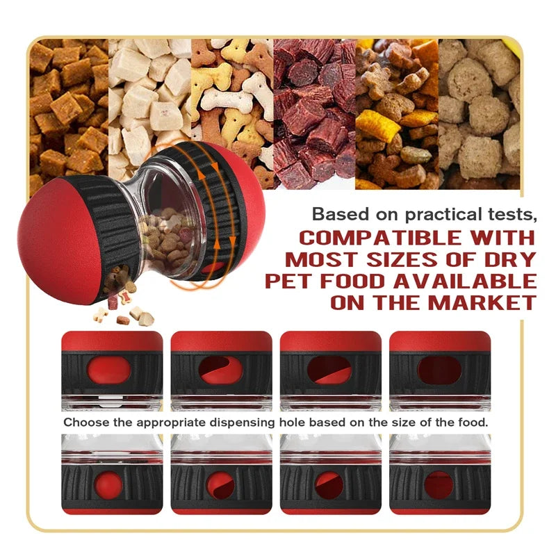 Interactive dog puzzle toy, compatible with most sizes of dry pet food available on the market.